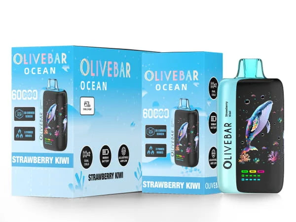 Olivebar Ocean Strawberry Kiwi vape device and packaging on a white background
